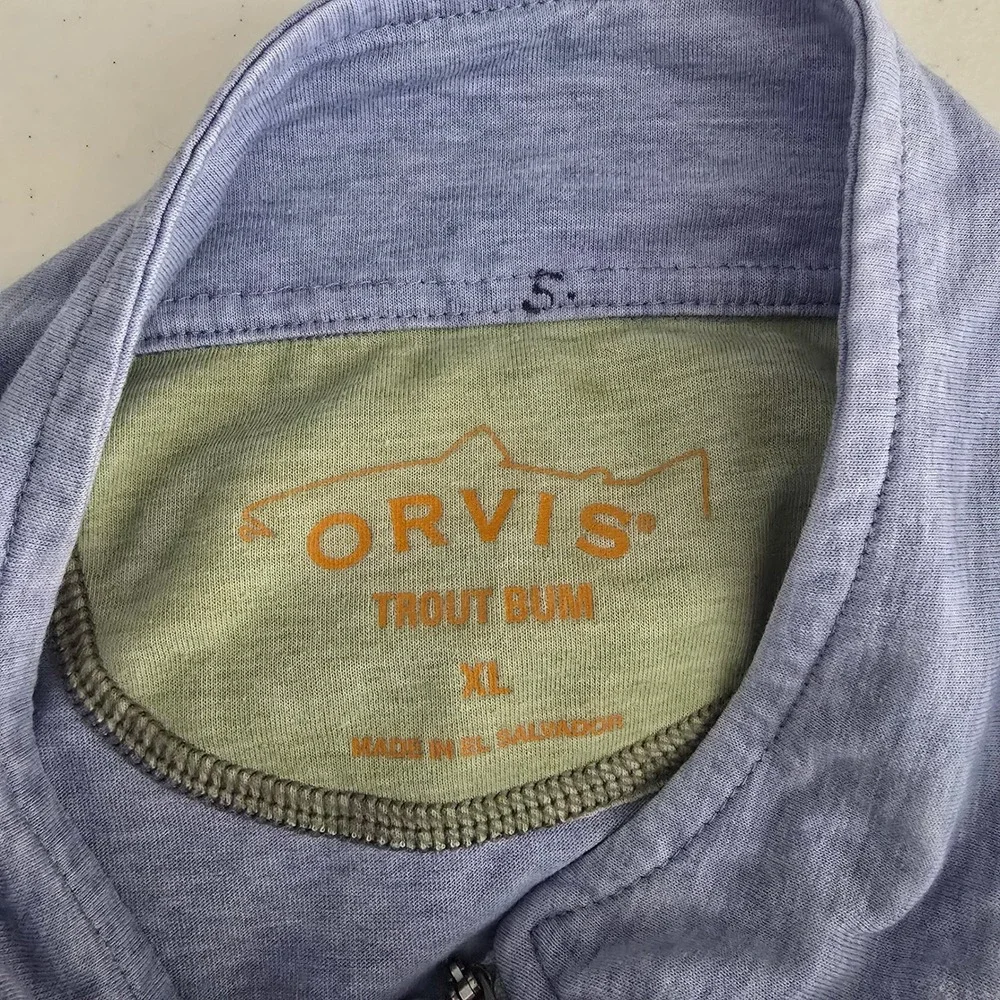 Orvis Trout Bum Mens XL Quarter Zip Pullover Light Blue Heather 1R47 Long Sleeve